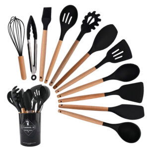 Ensemble d'Ustensiles de Cuisine en Silicone et Bois - 12 Pièces - Noir