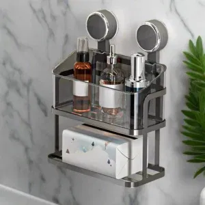 Étagère Murale avec Boîte de Rangement & Porte-Serviette – Fixation par Ventouses – Sans Perçage