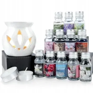 Coffret cadeau parfums d’ambiance avec brûle-parfum – 12 huiles parfumées + bougies chauffe-plat
