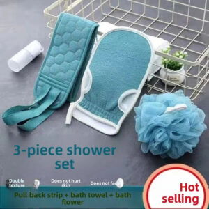Kit Douche 3 Pièces – Gant, Frotte-dos & Fleur de Bain