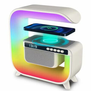 Lampe Bluetooth G3 avec chargeur sans fil 15W, réveil et lumières LED colorées – Ambiance & fonctionnalité réunies !