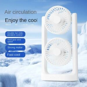 Ventilateur de Bureau Double Tête avec Éclairage LED – USB Rechargeable