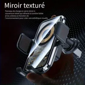 Support Téléphone Voiture avec Chargeur Sans Fil – Design Transparent Miroir Texturé 15W